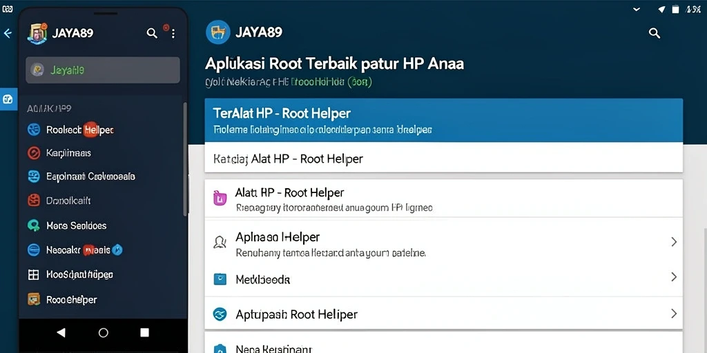 Screenshot antarmuka utama JAYA89 yang menunjukkan fitur Root Helper.